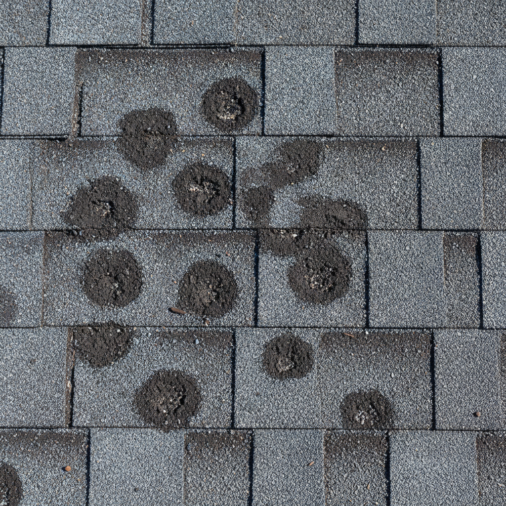 Close-up of hail-damaged roof shingles showing impact craters and granule loss