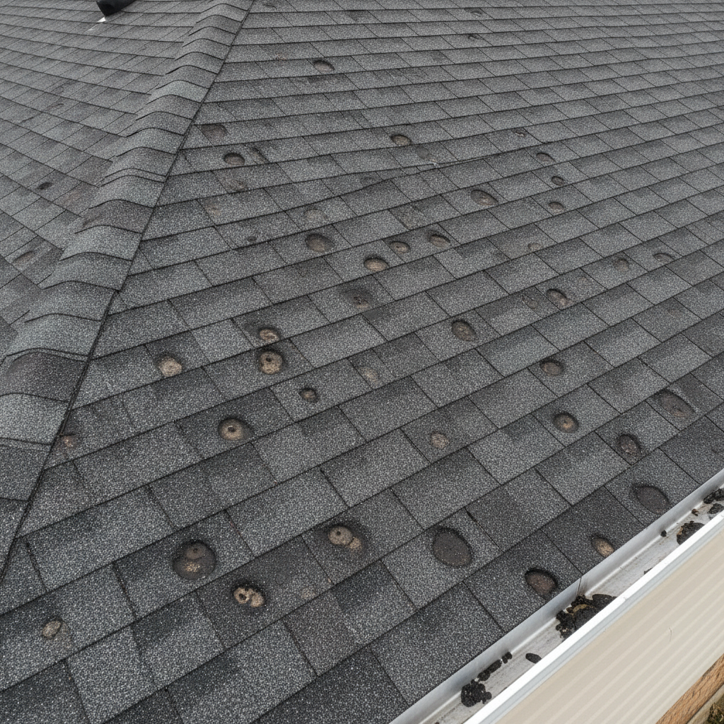 Close-up of asphalt roof shingles with visible bruising and granule loss from hail impact