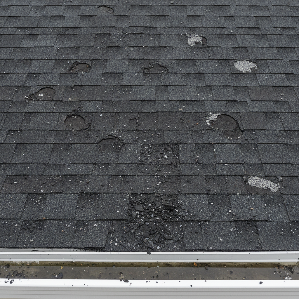 Close-up of hail-damaged roof shingles showing cracks, missing granules, and exposed asphalt