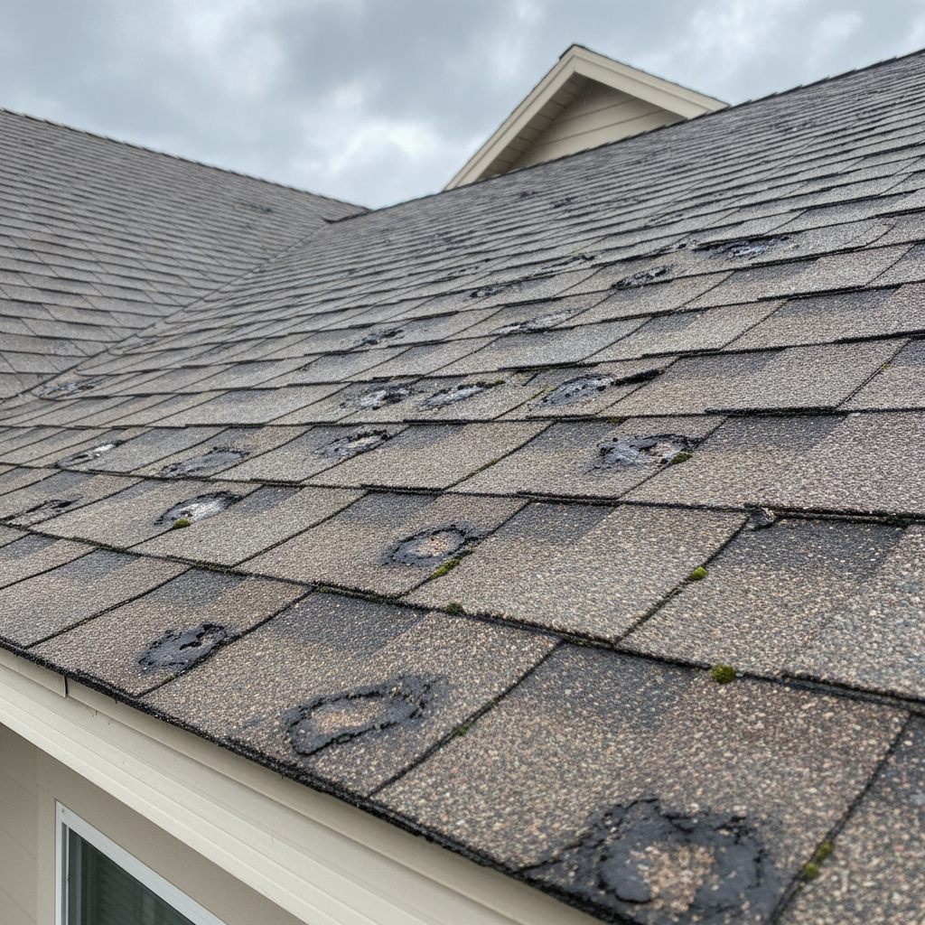 Hail-damaged roof shingles showing dents and impact marks on residential home