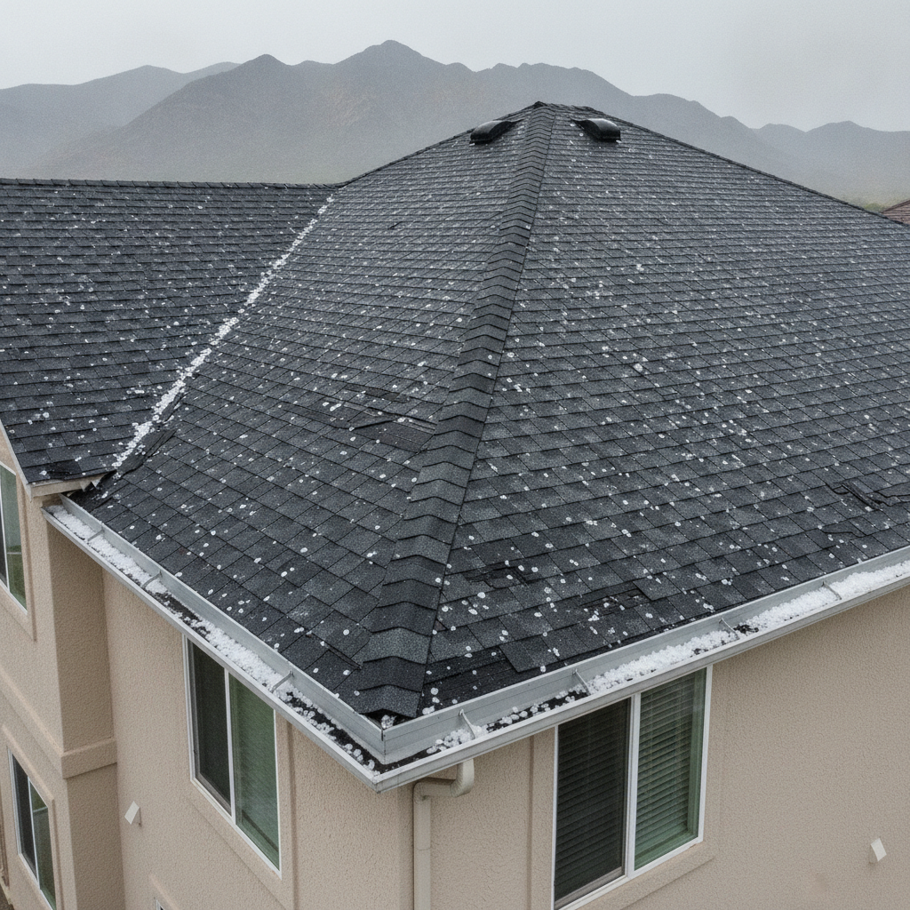 Hail-damaged roof shingles with granule loss and dented aluminum gutters on Colorado home