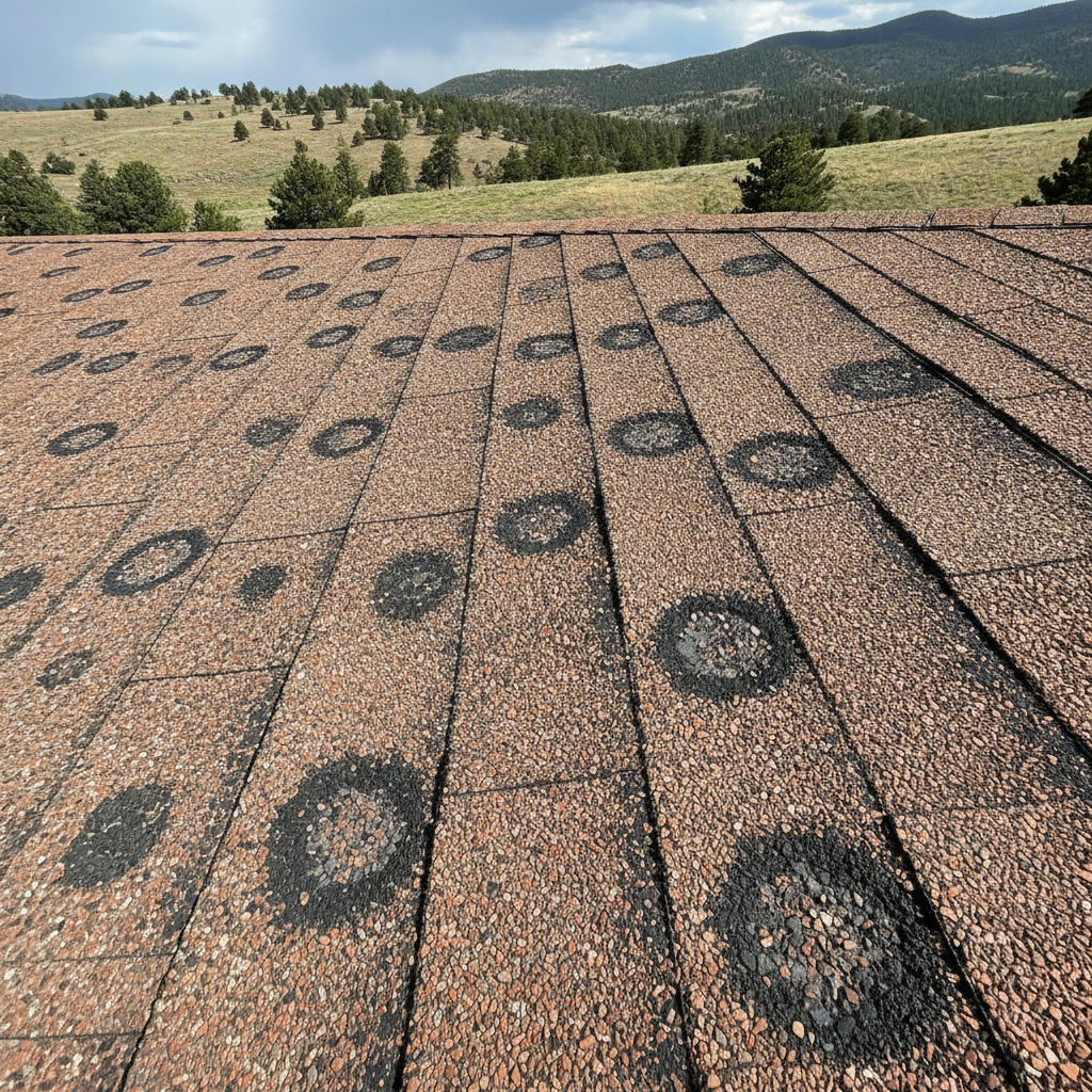 Hail damage assessment on residential roof shingles with inspection documentation