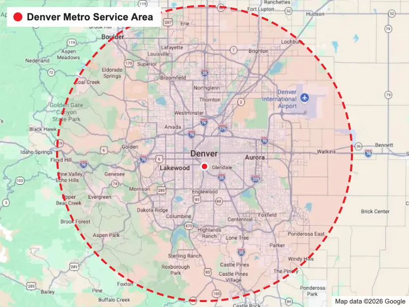 Map of Reliable Roofing & Restoration's roof repair service area centered on Denver, Colorado, showing the Denver metro coverage radius