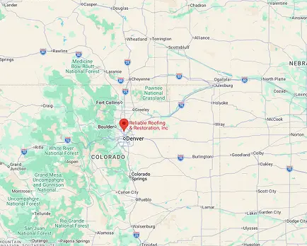 Map showing Reliable Roofing & Restoration Inc near Denver, Colorado